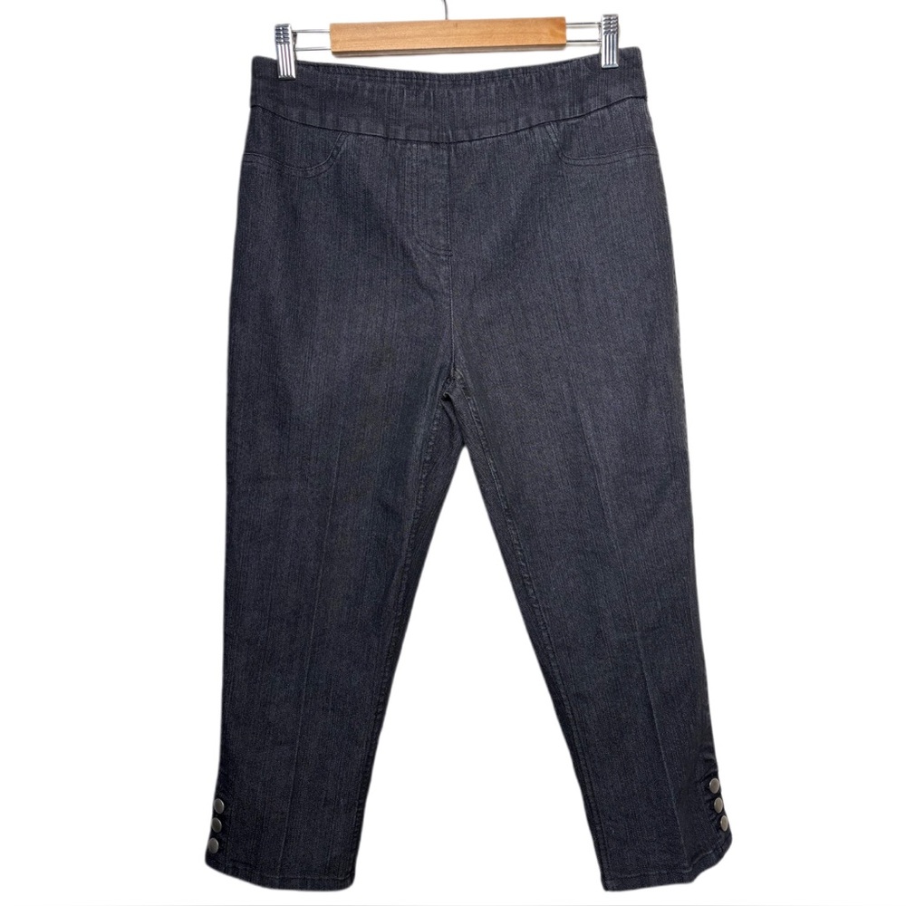 Soft Surroundings‎ Pull On Cropped Stretch Jean Women's Size MP Black Button Hem